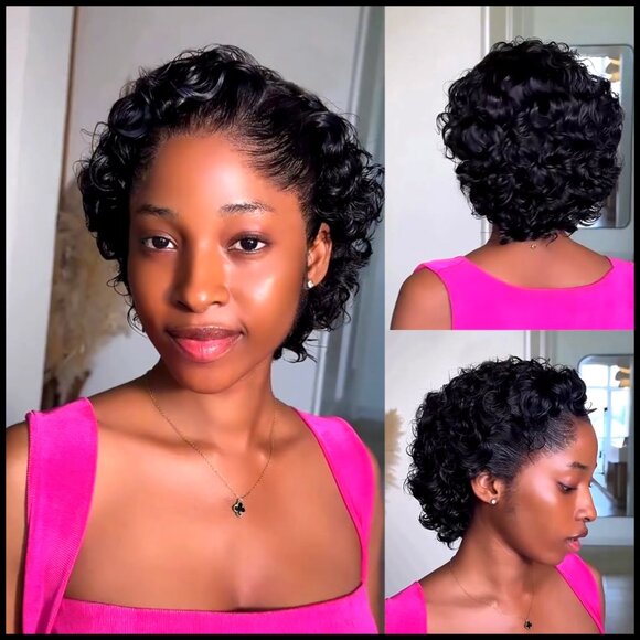 Short Curly Bob Wig Human Hair Pre Plucked Glueless Lace Front Pixie Cut